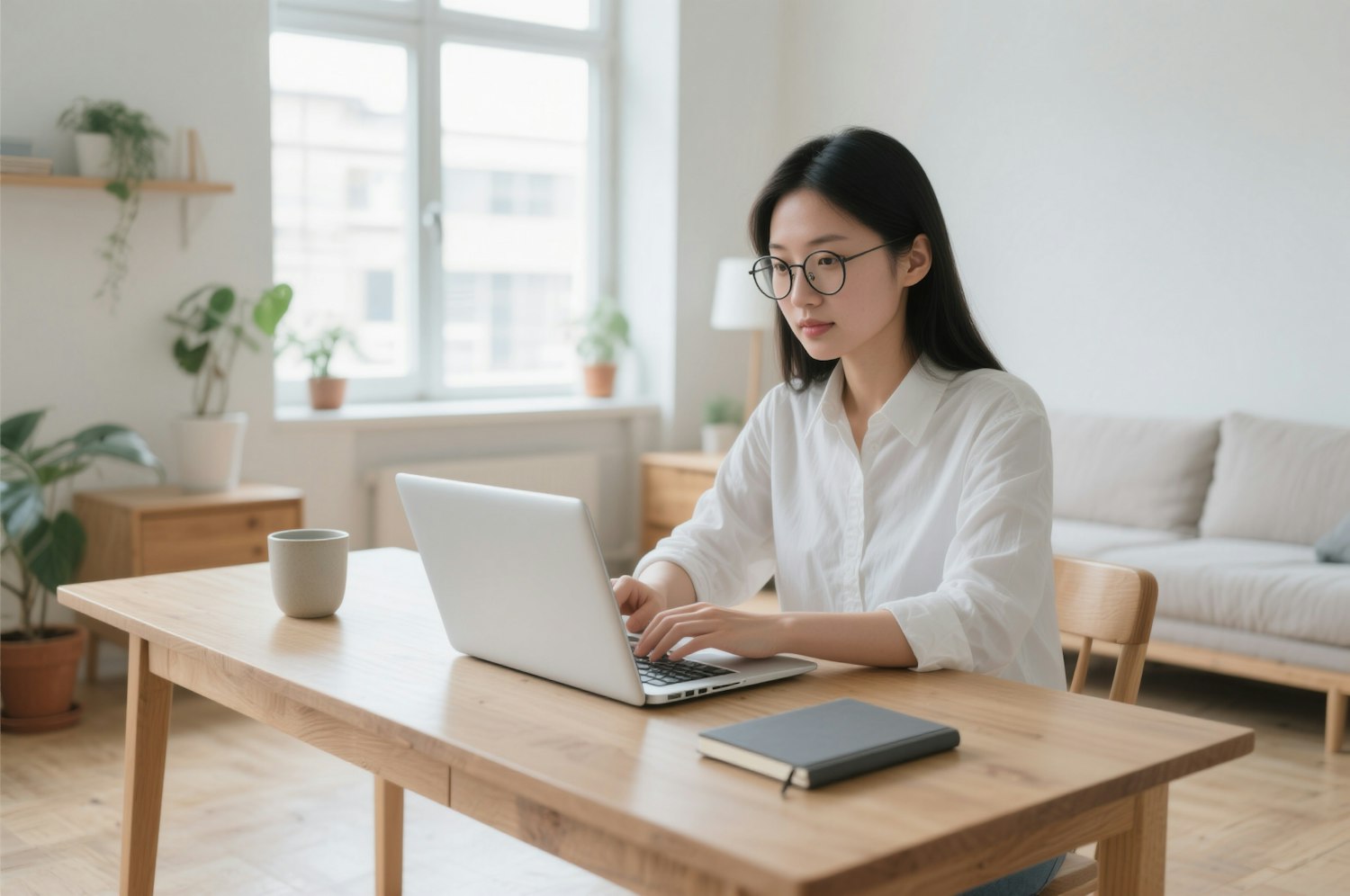 Woman working on a laptop in a bright living room