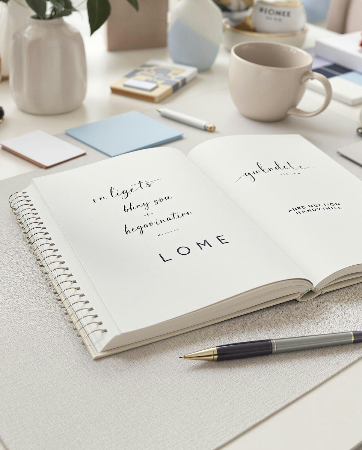 Open notebook with handwritten notes, a pen and a mug