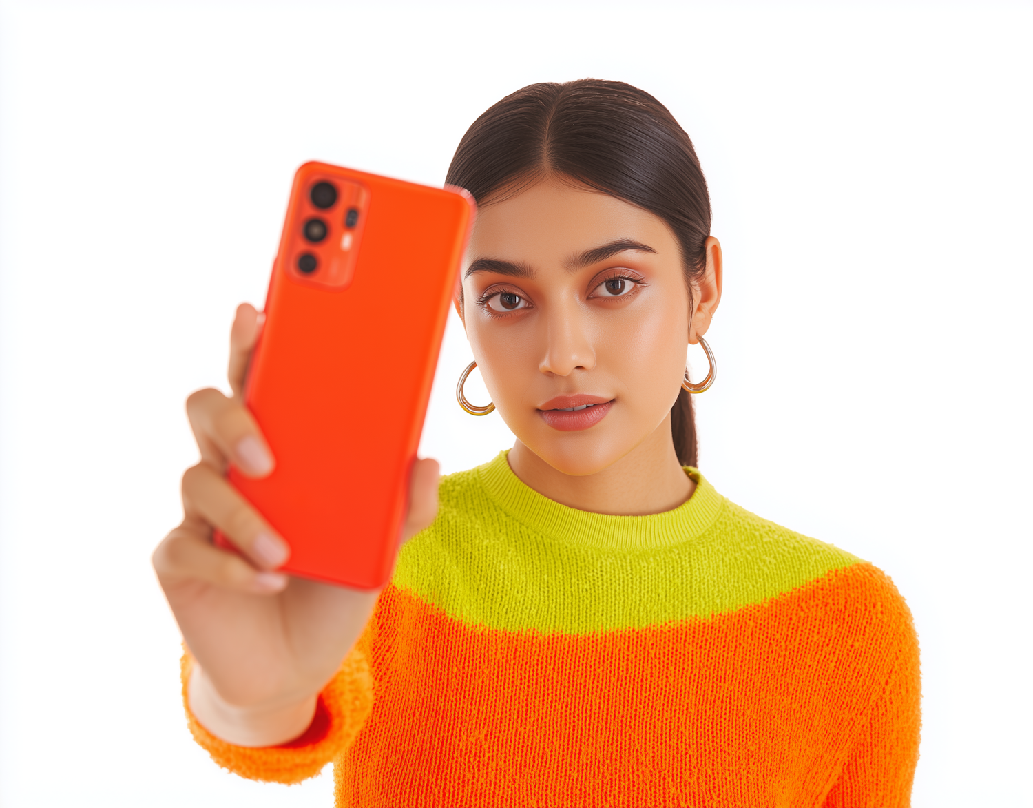 Woman holding a smartphone against a white background
