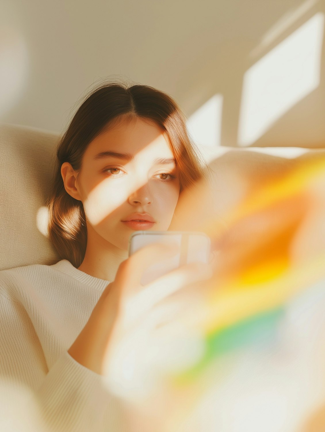 Woman using her smartphone in warm sunlight